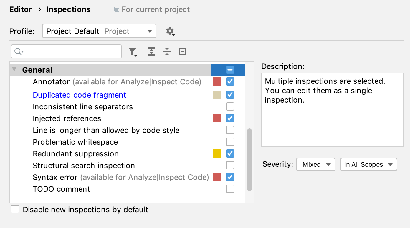 Inspections settings Inspections settings