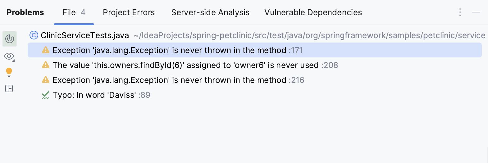 IntelliJ IDEA: Problems tool window. Current File tab IntelliJ IDEA: Problems tool window. Current File tab