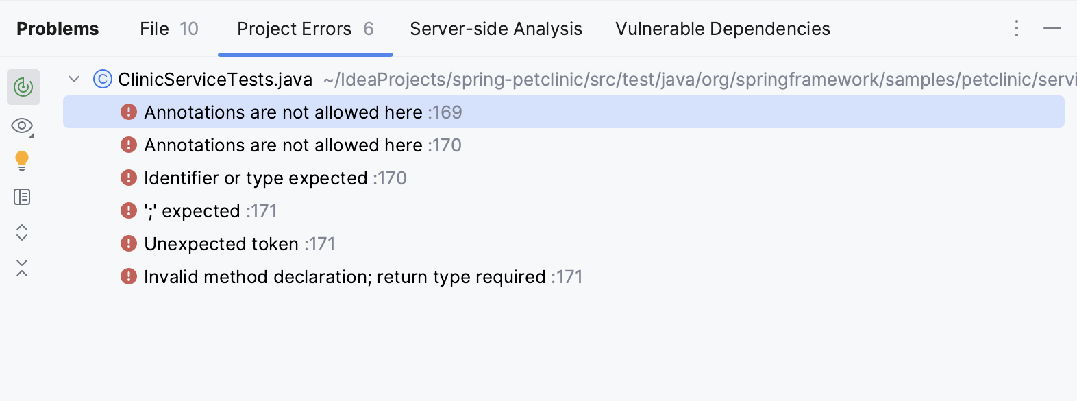 Project Errors tab Project Errors tab