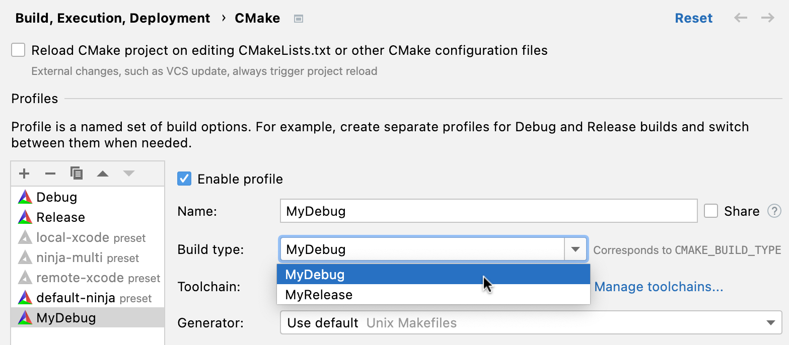 Custom build types for new cmake profile Custom build types for new cmake profile