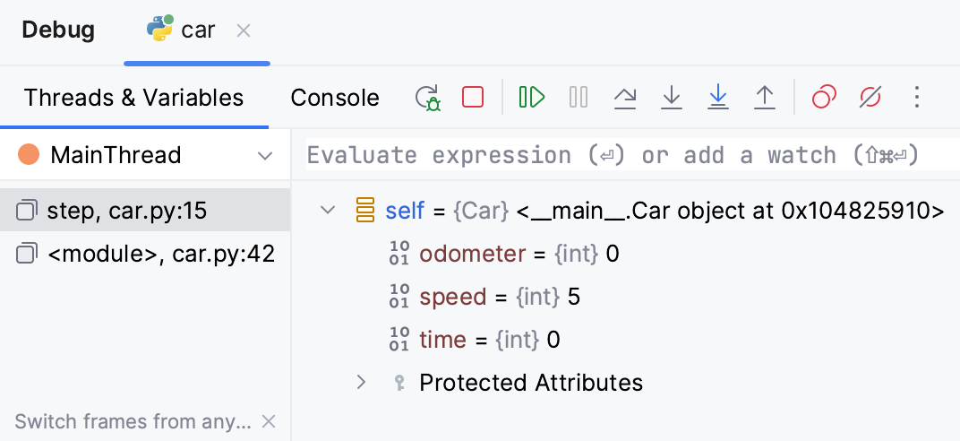 Examining the current values of the variables Examining the current values of the variables